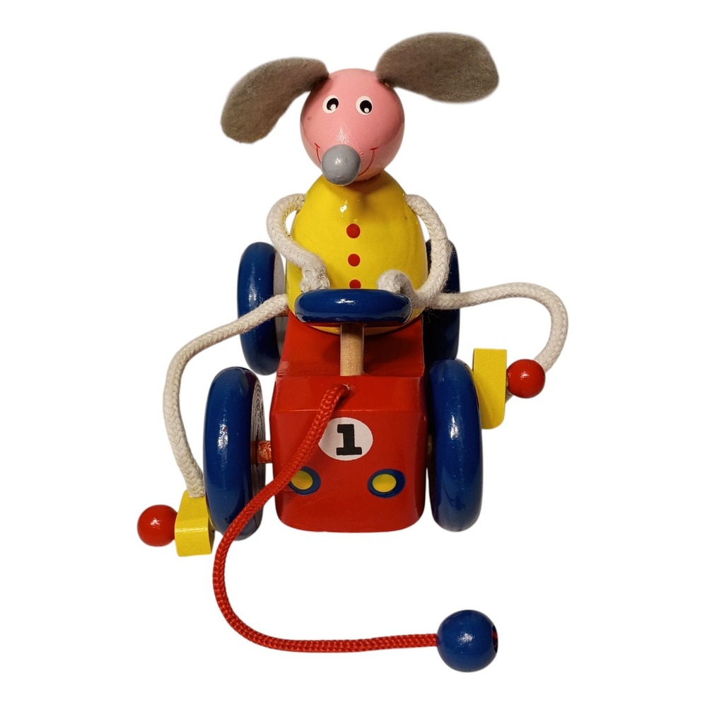 Vintage Toy Pull‎ Along Mouse Wooden Tricycle Bike Colorful Felt Ears